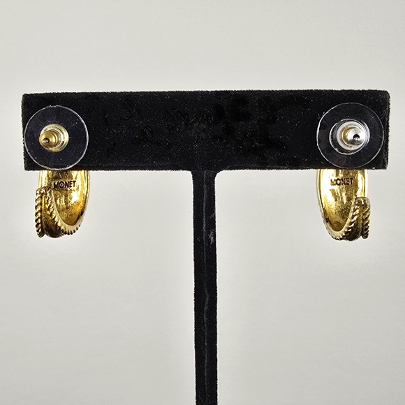 Vintage Monet Gold-Tone Textured Hoop Earrings - Picture 3 of 4